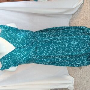 Dress 14/16 Midi Swing Green White Polka Dot V-Neck Ruffle Cap Sleeve Pockets